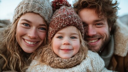 Obraz premium A joyful family portrait showing a smiling father, mother, and daughter bundled up in cozy winter clothing, radiating warmth and togetherness against a frosty outdoor backdrop.