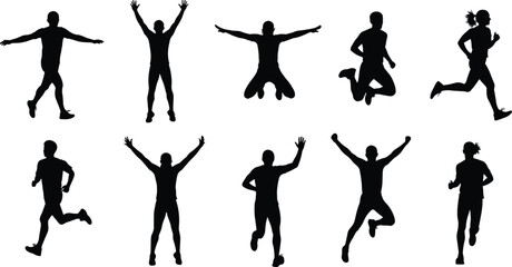 Human silhouette, running pose, jumping gesture, celebratory stance, expressive motion, path figure, flat vector illustration