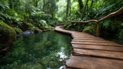 Fototapeta premium A wooden pathway leads through a tranquil forest setting, surrounded by lush greenery, creating a peaceful escape into nature and evoking a sense of adventure.