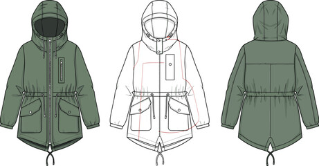 Technical hooded parka jacket flat sketch front back views with drawstring waist pockets zipper detailed fashion illustration winter outerwear design © Lutfun Creatives