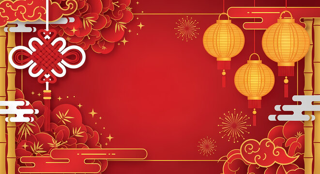 Vibrant Chinese New Year festive decorations featuring traditional lanterns knots and bamboo.