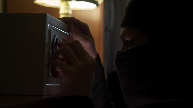 Close up shot shows masked house robber entering password, swinging open compact home safe and scooping out thick packs of US dollar banknotes under warm lamp light.