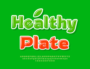 Vector Vegan icon Healthy Plate for Cafe. Glossy Green Font. elegant Alphabet Letters and Numbers set.