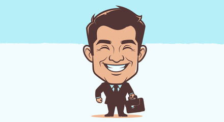 Happy cartoon businessman in a suit carrying a briefcase and smiling broadly on a light blue background.