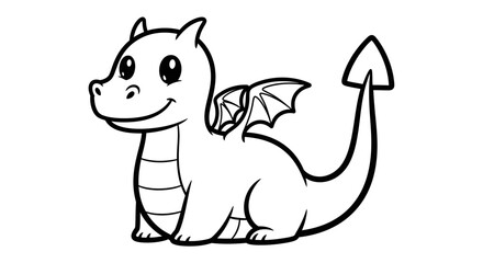 Outline drawing of a cute baby dragon smiling with small wings on an isolated white background, for coloring book.