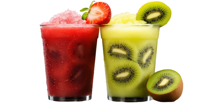 Two glasses of frozen strawberry coconut and pineapple mango smoothie on transparent background - Powered by Adobe