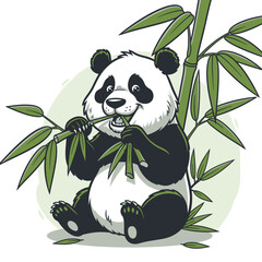 Happy giant panda eating bamboo leaves and sitting among bamboo plants in a natural setting.