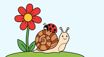 Cute Snail with a Ladybug on its Shell and Red Flower in a Green Garden with Blue Sky