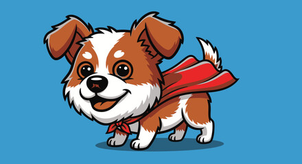 Fototapeta premium Happy cute cartoon puppy superhero in red cape smiling on light blue background.