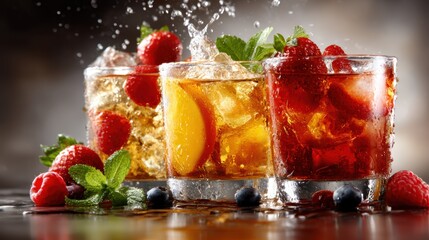 Three refreshing beverages filled with ice, adorned with berries and mint leaves, capture the essence of summertime enjoyment, offering a burst of fruity flavors and vibrant colors.