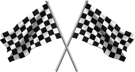 Realistic crossed checkered racing flags symbolizing finish line, motorsport competition, speed, victory, and automotive events. © Shabita
