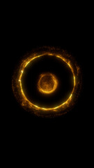 Golden plasma sphere with slow particles rotation and glowing electric aura in dark sci-fi scene. Elegant shimmering energy ring in fantasy futuristic visual.