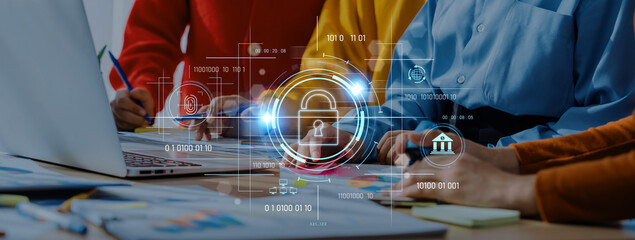 This image depicts a secure data protection concept with a digital lock, highlighting the importance of cybersecurity and teamwork in a modern office setup. Trope