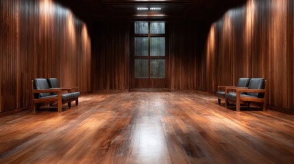 A stylish, minimalist wooden room featuring two elegant chairs, exuding warmth and sophistication while inviting contemplation and appreciation of design aesthetics.