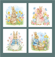 Set of Cute Watercolor Easter Bunnies in Vintage Clothing: Spring Holiday Collection