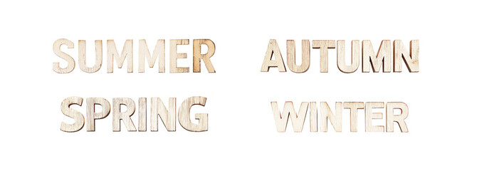 Set of seasonal words winter, spring, summer, autumn made from rustic wood isolated on transparent background. beach typography, natural texture, coastal style design elements. Generative Ai content