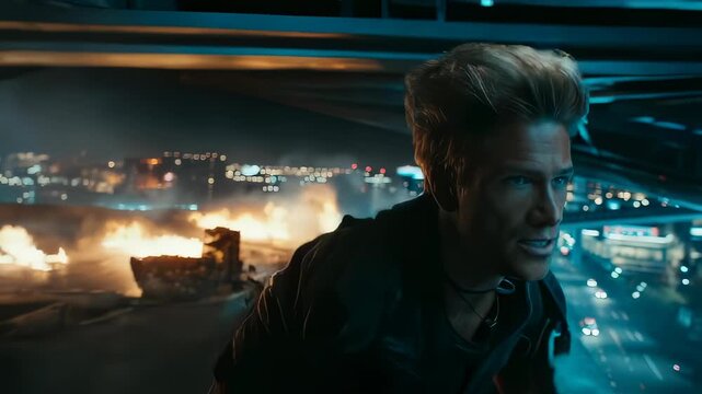 Intense action portrait of a man against cinematic blockbuster blazing explosion and neon city lights at night.