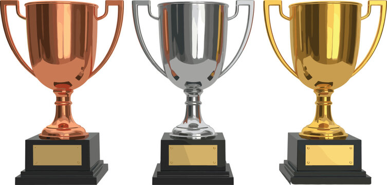 Set of bronze silver and gold winner trophy cups on black bases for competition award vector illustration