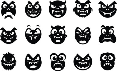Set of fifteen black cartoon monster faces on white background isolated