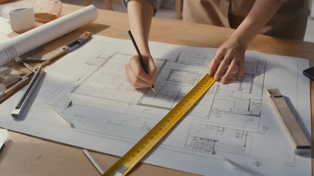Architect Working on Blueprint with Pencil and Measuring Tape Surrounded by Drafting Tools in Design Phase