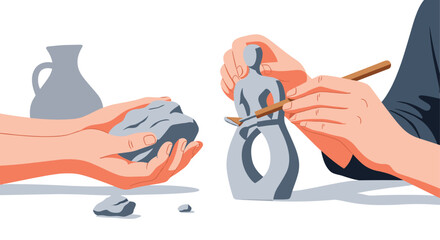 Creative process of sculpting a figure from clay shown in a seamless looping animation, representing art, craft, and creation.