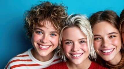 Three young women share joyful smiles against a bright blue background, showcasing friendship and happiness through their vibrant expressions and hair styles.