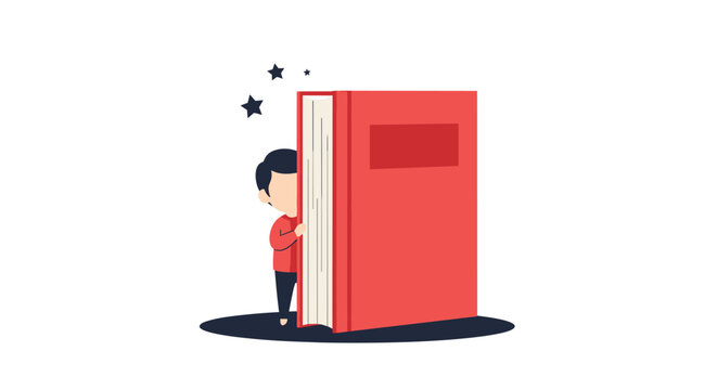 Shy boy peeking from behind a large red book in a cute looping animation that represents curiosity, reading, and learning.