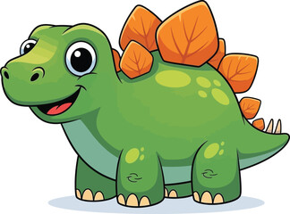 Happy cartoon green dinosaur with orange spikes on white
