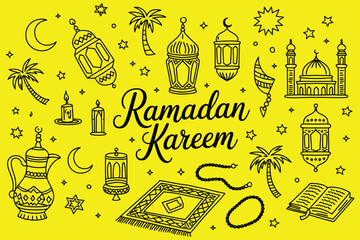 Naklejka premium set of islamic doodles and ramadan clip art for prints, stickers, coloring pages, signs, sublimation, greeting cards, posters, and creative religious design projects.