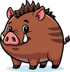 Cartoon wild boar with tusks standing on white