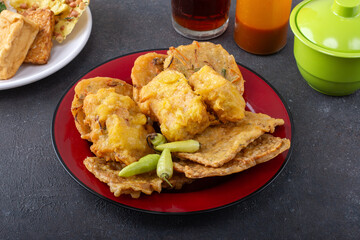 Indonesian food gorengan Bakwan or Bala bala, Tofu, tahu isi and Tempe.