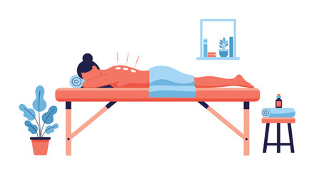 Naklejka premium Woman relaxing on a massage table while receiving an acupuncture treatment for pain relief and wellness in a therapy room.