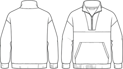 Oversized Quarter-Zip Pullover Sweatshirt Technical Fashion Illustration, Front and Back Views, Stand Collar, Raglan Sleeves, Ribbed Hem and Cuffs, CAD Drawing Vector Template. © Hey there