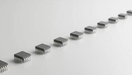 Microchips aligned side by side on a white background, symbolizing data flow, AI systems, and modern technology. Clean, minimal tech concept for digital and corporate use.