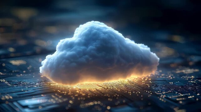 Futuristic glowing cloud icon on digital circuit board background, symbolizing modern cloud computing technology