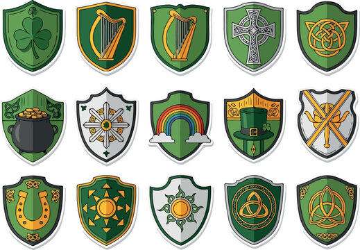 Shields emblazoned with symbols like shamrocks harps Celtic crosses and rainbows evoking Irish themes