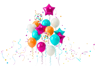 Colorful balloons and confetti on transparent background for party decoration