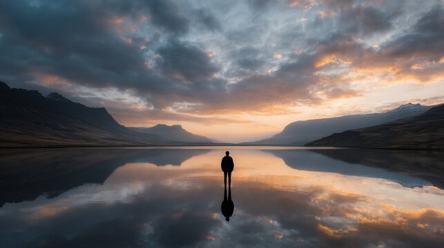 Person silhouetted on reflective lake at sunset with mountains - Powered by Adobe