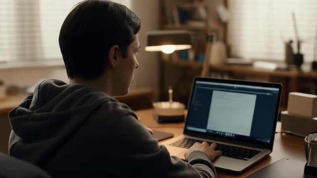 Young male programmer writing code on laptop