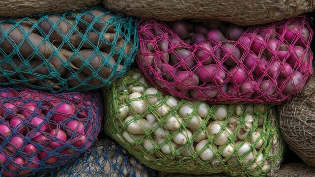 Close-up of stacked vegetable bags containing beets and onions, colorful mesh patterns creating a striking visual rhythm