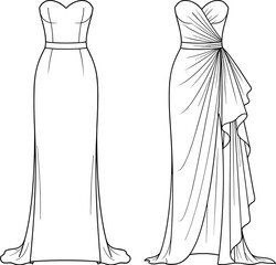 Technical Fashion Illustration Strapless Sweetheart Column Gown with Draped Side Overlays, Line Art CAD Drawing for Eveningwear, Bridal, Prom Dress Design Vector Template.