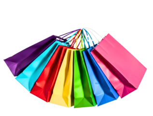 Colorful array of gift bags in various hues isolated on transparent background