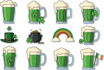 St Patricks Day themed stickers of beer a pot of gold a leprechaun hat and a rainbow