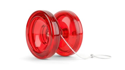 A red translucent yoyo with a white string is on a white surface