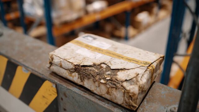 Close-up view of a broken parcel with ripped seams and scuffed surface, lying forgotten beside metal storage racks in a dimly lit warehouse