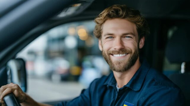 Close-up view of a cheerful courier man at the steering wheel, company logo visible on his shirt, city reflections glimmering in the side mirror
