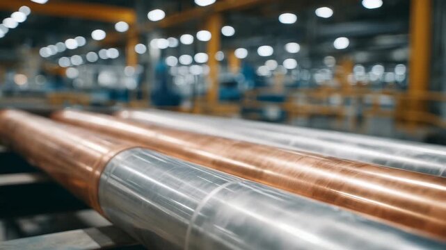 Close-up view of stainless steel and copper pipes lined up on warehouse racks, precise alignment and subtle reflections create an orderly industrial composition