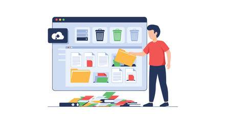 Man organizing his workflow by converting paper documents into digital files and sorting them into folders on a computer.