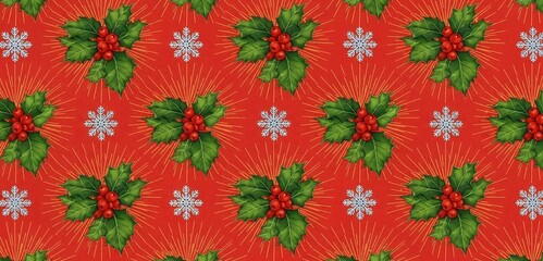 Vibrant christmas pattern with holly and snowflakes on red background