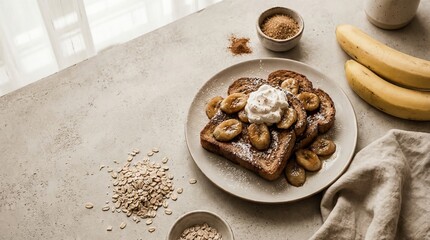 Fototapeta premium Delicious Caramelized Banana French Toast with Whipped Cream